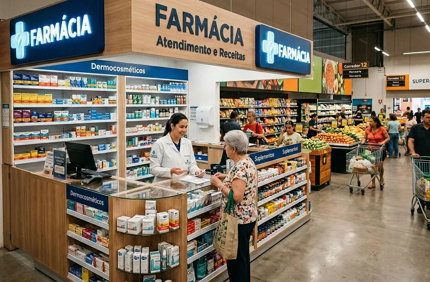 Farmácia instalada dentro de supermercado brasileiro com farmacêutica atendendo cliente no balcão