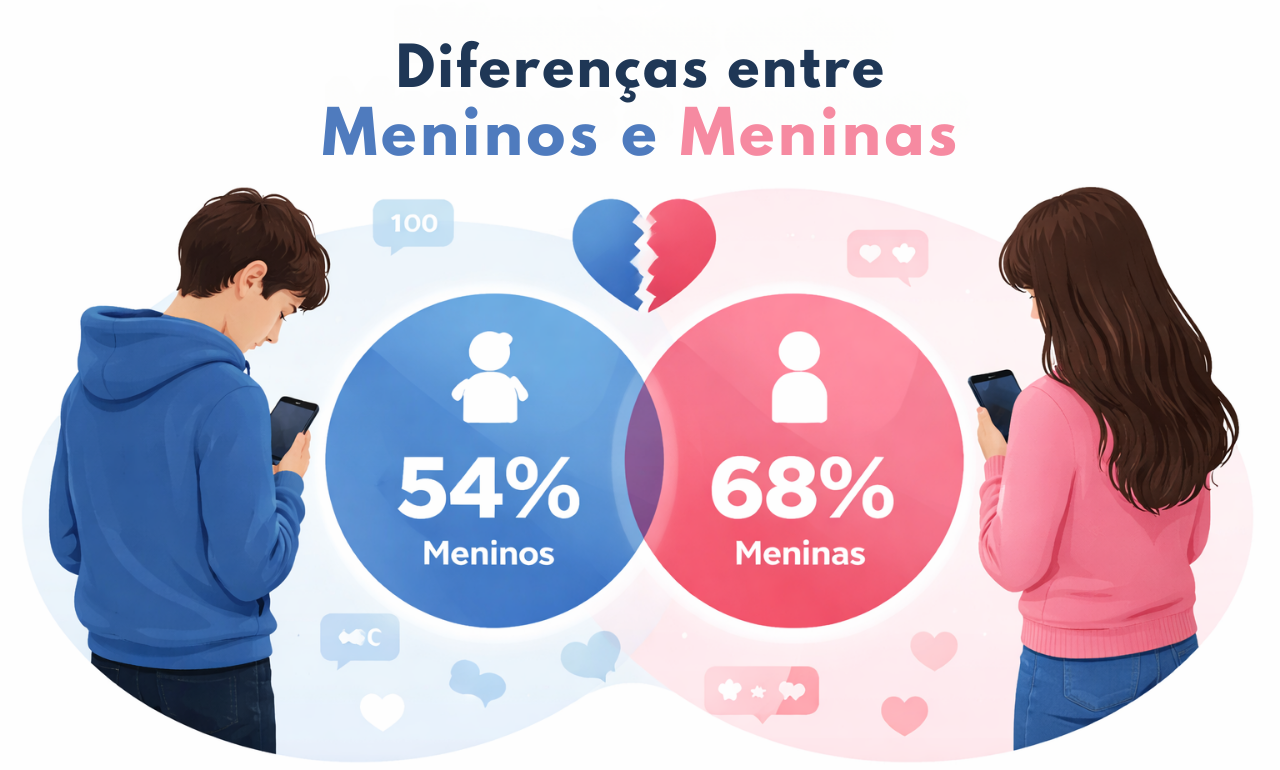 infografico mostrando diferencas entre meninos e meninas no impacto do uso excessivo das redes sociais na saude mental