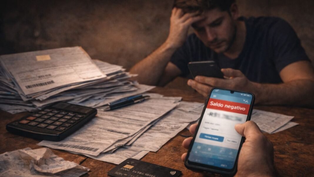 Brasileiro preocupado com dívidas de cartão de crédito e contas acumuladas sobre a mesa