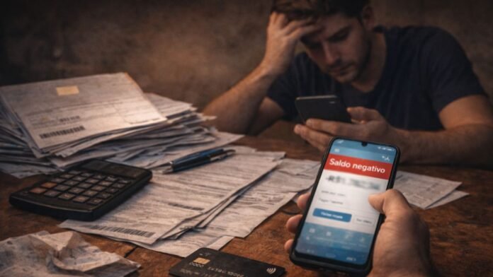 Brasileiro preocupado com dívidas de cartão de crédito e contas acumuladas sobre a mesa