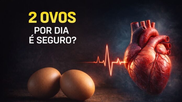 2 ovos por dia é seguro Dois ovos ao lado de coração humano ilustrando debate sobre consumo diário e risco cardiovascular