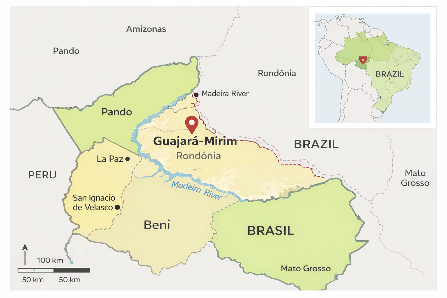 mapa de Guajará-Mirim em Rondônia na fronteira entre Brasil e Bolívia