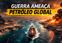 Estreito de Ormuz entra em risco e ameaça o petróleo global Navio petroleiro atravessa o Estreito de Ormuz sob cenário de guerra com explosões e fumaça no Oriente Médio.
