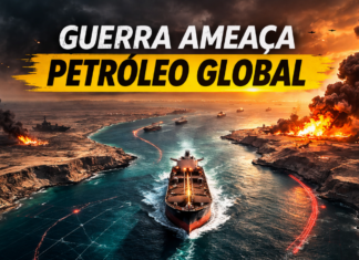 Estreito de Ormuz entra em risco e ameaça o petróleo global Navio petroleiro atravessa o Estreito de Ormuz sob cenário de guerra com explosões e fumaça no Oriente Médio.
