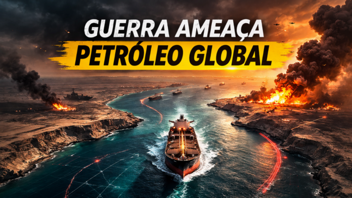 Escalada do conflito no Oriente Médio coloca em risco a principal rota de escoamento do petróleo mundial. Navio petroleiro atravessa o Estreito de Ormuz sob cenário de guerra com explosões e fumaça no Oriente Médio.