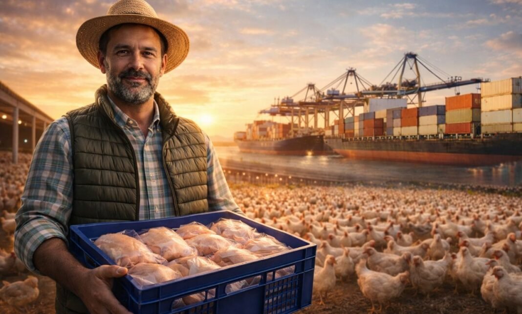 Produtor rural brasileiro segurando caixa de carne de frango em granja com porto e navio de exportação ao fundo