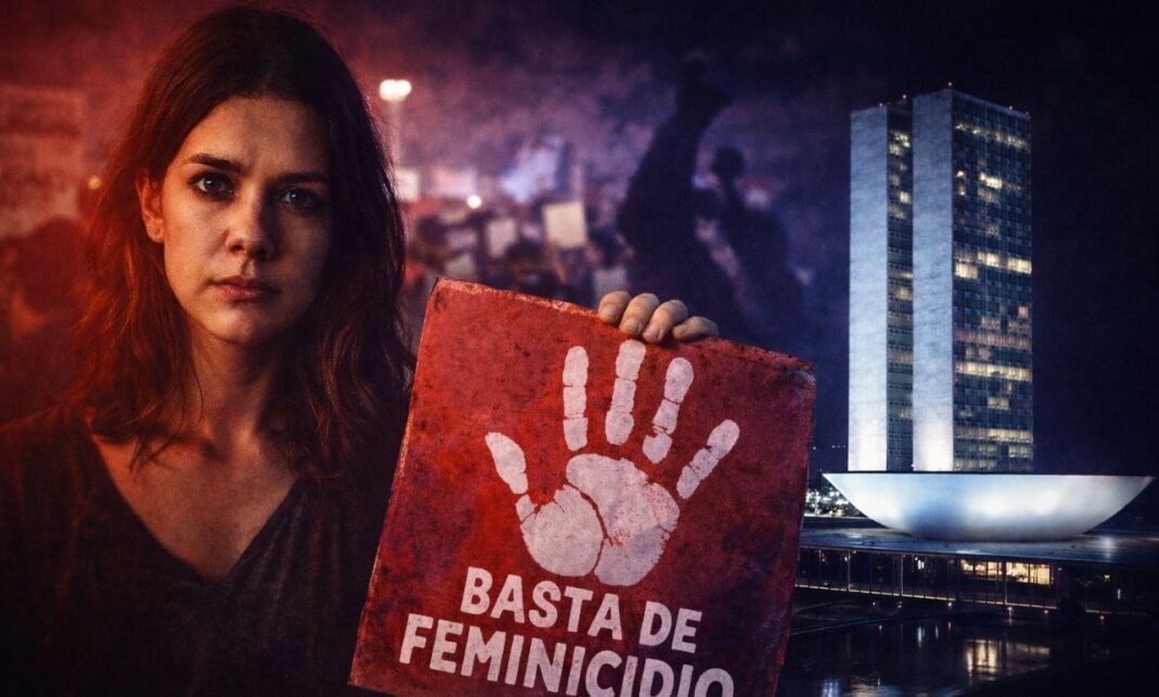 feminicídio no Brasil e protesto contra violência contra mulheres com Congresso Nacional ao fundo