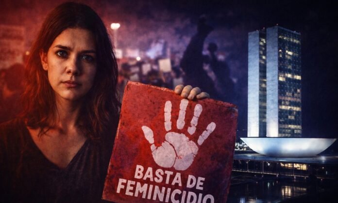 feminicídio no Brasil e protesto contra violência contra mulheres com Congresso Nacional ao fundo