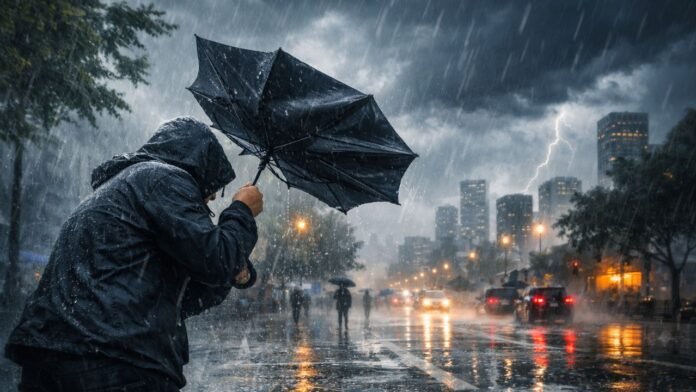 frente fria provoca chuva forte e vento intenso em cidade durante tempestade no Brasil