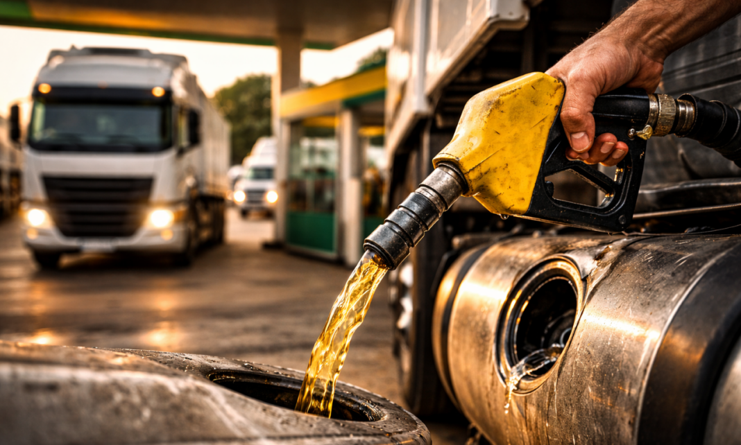 Caminhão sendo abastecido com diesel em posto de combustível no Brasil
