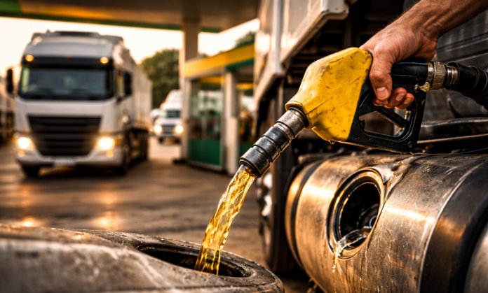 Caminhão sendo abastecido com diesel em posto de combustível no Brasil