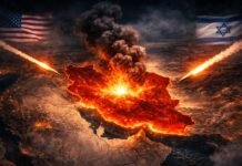 Guerra entre EUA, Israel e Irã pode durar anos mapa do oriente médio mostra explosão no irã enquanto mísseis cruzam o céu com bandeiras dos eua e israel ao fundo