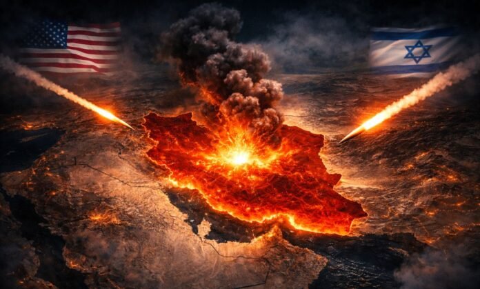 mapa do oriente médio mostra explosão no irã enquanto mísseis cruzam o céu com bandeiras dos eua e israel ao fundo