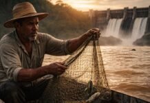 STJ decide sobre indenização a pescadores do Rio Madeira pescador no rio madeira com rede quase vazia e hidrelétrica ao fundo em rondônia