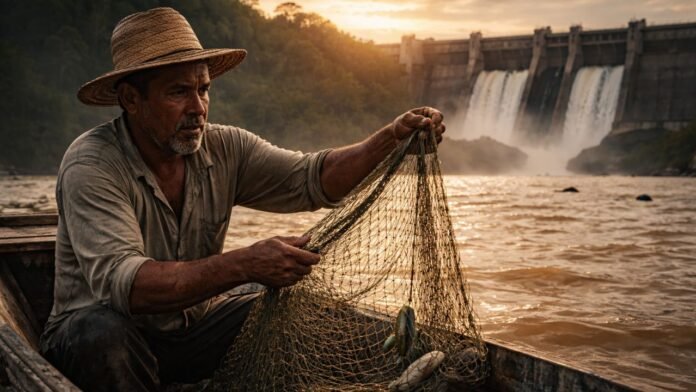pescador no rio madeira com rede quase vazia e hidrelétrica ao fundo em rondônia