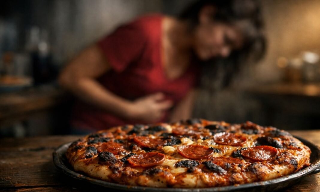 intoxicação alimentar após consumo de pizza com mulher passando mal ao fundo