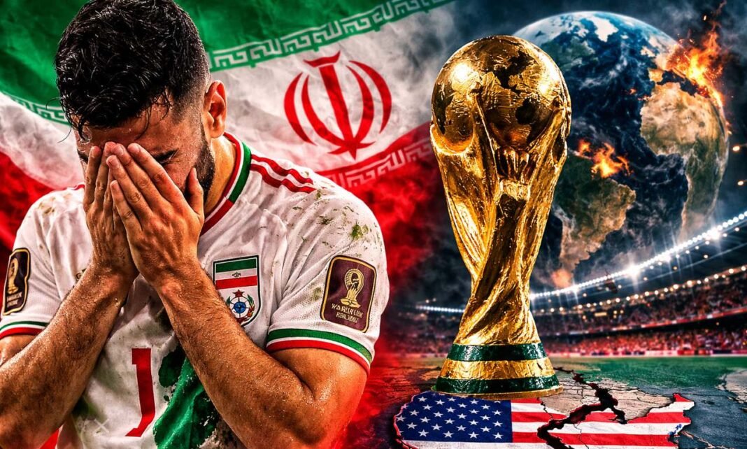 Jogador da seleção do Irã em frente ao troféu da Copa do Mundo em meio a crise política internacional