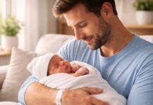 Senado aprova licença-paternidade de até 20 dias no Brasil Pai segurando recém-nascido em casa representando ampliação da licença paternidade no Brasil