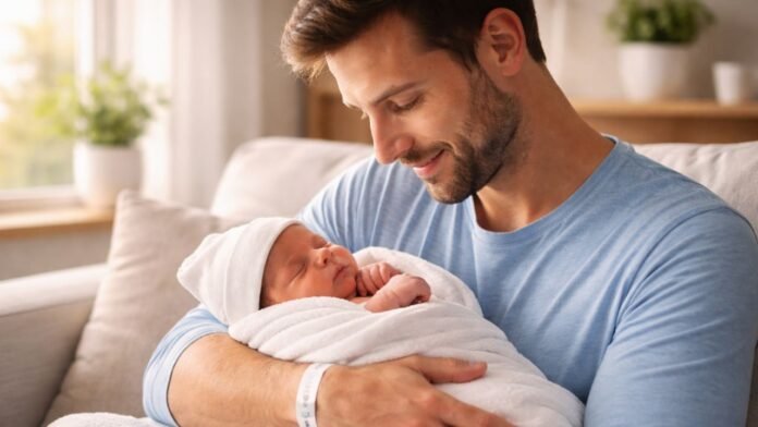 Pai segurando recém-nascido em casa representando ampliação da licença paternidade no Brasil