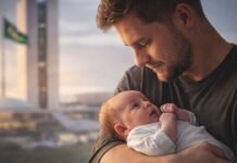 Licença-paternidade de 20 dias entra na pauta do Senado Pai segura recém-nascido no colo com Congresso Nacional ao fundo representando ampliação da licença-paternidade para 20 dias