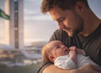 Licença-paternidade de 20 dias entra na pauta do Senado Pai segura recém-nascido no colo com Congresso Nacional ao fundo representando ampliação da licença-paternidade para 20 dias
