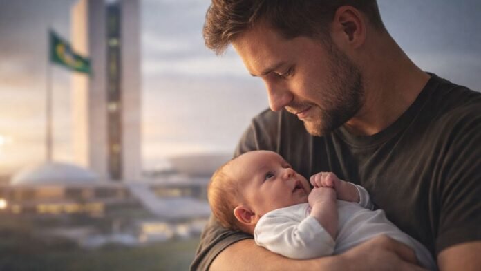 Pai segura recém-nascido no colo com Congresso Nacional ao fundo representando ampliação da licença-paternidade para 20 dias