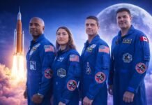 Nasa leva 4 astronautas à Lua nesta quarta na missão Artemis 2 Astronautas da missão Artemis 2 com foguete da Nasa ao fundo e a Lua iluminada no espaço