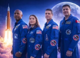 Nasa leva 4 astronautas à Lua nesta quarta na missão Artemis 2 Astronautas da missão Artemis 2 com foguete da Nasa ao fundo e a Lua iluminada no espaço