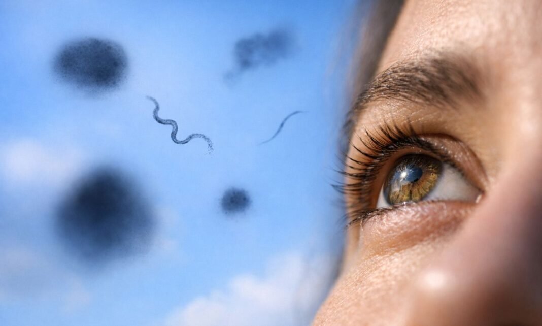 Moscas volantes na visão aparecem como manchas escuras flutuando no campo visual de uma pessoa olhando para o céu.