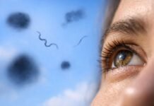 Moscas volantes na visão podem indicar problema ocular Moscas volantes na visão aparecem como manchas escuras flutuando no campo visual de uma pessoa olhando para o céu.