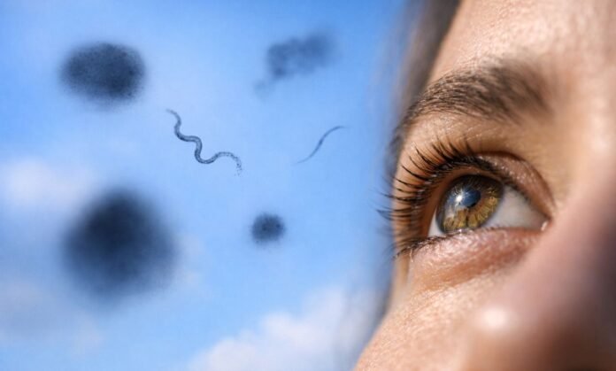 Moscas volantes na visão aparecem como manchas escuras flutuando no campo visual de uma pessoa olhando para o céu.