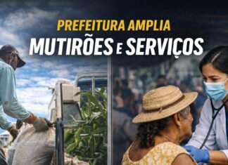 Prefeitura amplia mutirões e reforça serviços essenciais na capital Profissional de saúde atende moradora durante mutirão enquanto agricultor carrega produção rural em Porto Velho.