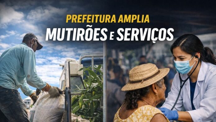 Prefeitura amplia mutirões e serviços essenciais em Porto Velho Profissional de saúde atende moradora durante mutirão enquanto agricultor carrega produção rural em Porto Velho.