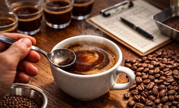 Degustador analisa café especial com colher de cupping em sessão profissional de avaliação sensorial