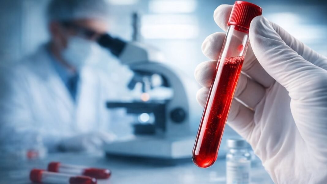 Novo tratamento para hemofilia aprovado pela Anvisa representado por tubo de sangue em laboratório científico