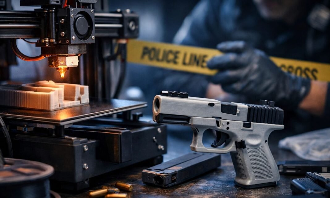 Arma produzida em impressora 3D ao lado de equipamento de impressão durante investigação policial