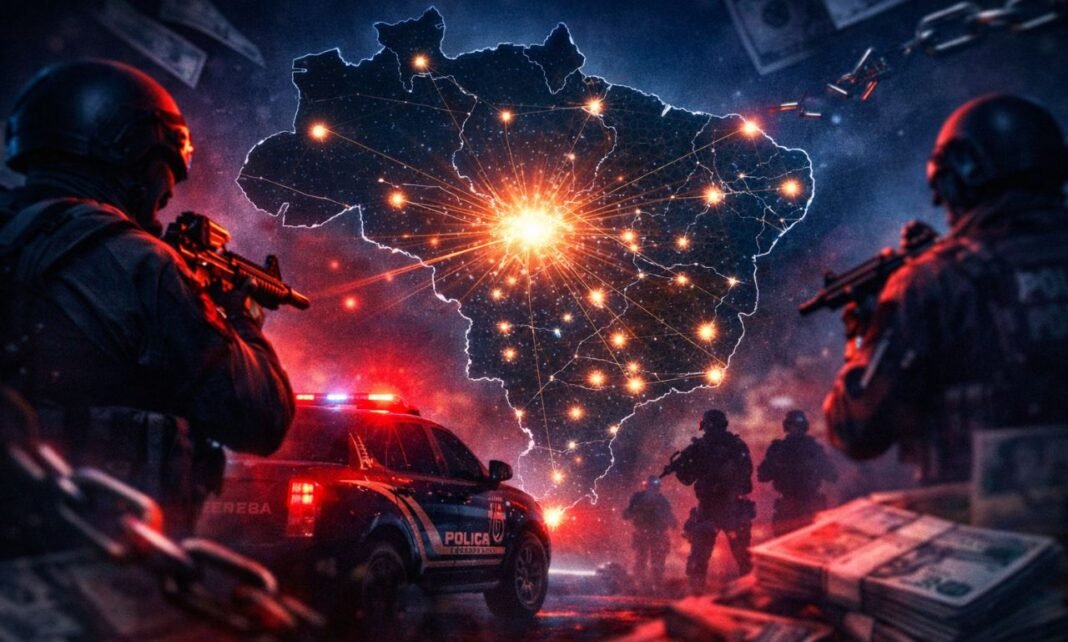Operação da PF contra facções em 15 estados com mapa do Brasil e ação policial integrada