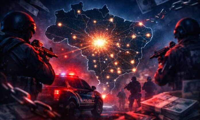 Operação nacional da PF contra facções no Brasil Operação da PF contra facções em 15 estados com mapa do Brasil e ação policial integrada