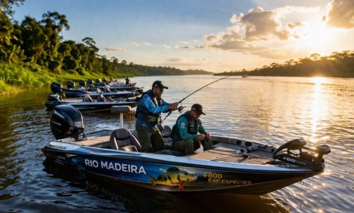 Pesca esportiva em Porto Velho no rio Madeira com barcos e pescadores ao amanhecer