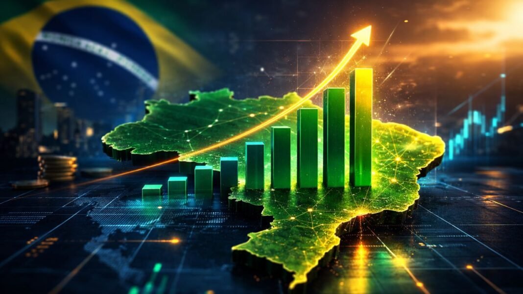 Gráfico de crescimento econômico sobre mapa do Brasil com barras ascendentes representando alta do PIB em 2025
