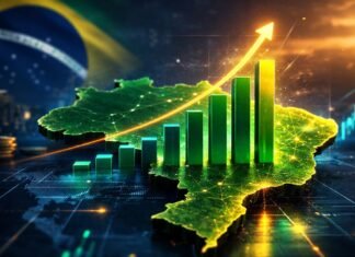 PIB do Brasil cresce 2,3% em 2025 e mantém ciclo positivo, aponta IBGE Gráfico de crescimento econômico sobre mapa do Brasil com barras ascendentes representando alta do PIB em 2025