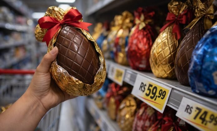 Preço dos ovos de Páscoa sobe em supermercados em 2026 Preço dos ovos de Páscoa em 2026 com aumento em supermercado e etiquetas de valor visíveis