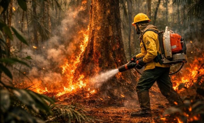 Brigadista combate foco de incêndio em floresta durante ação de prevenção a queimadas em Rondônia