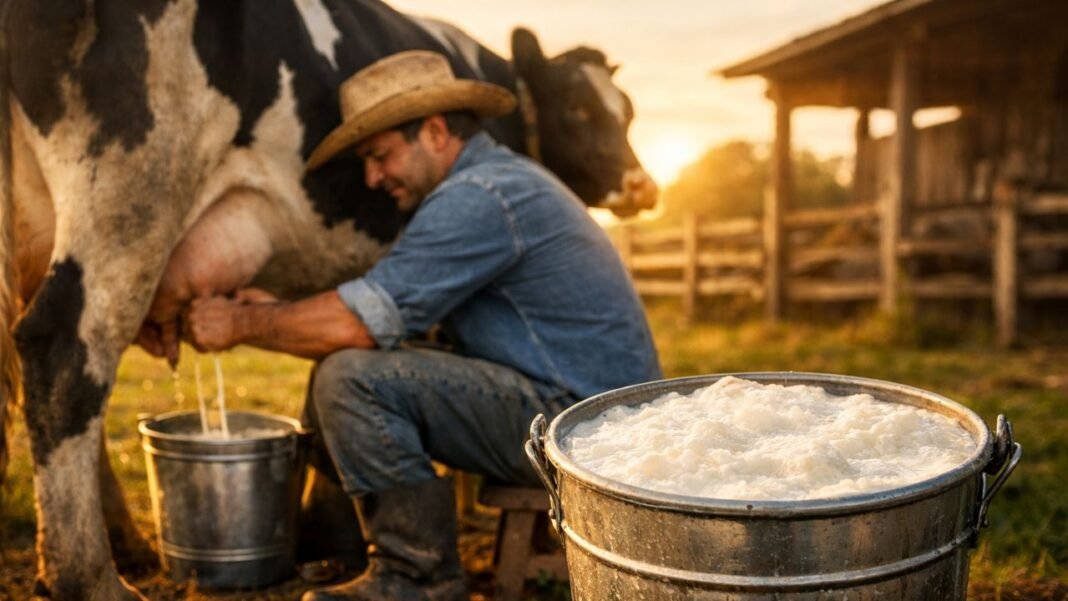 produtor rural ordenhando vaca leiteira com balde cheio de leite em propriedade da agricultura familiar em Rondônia
