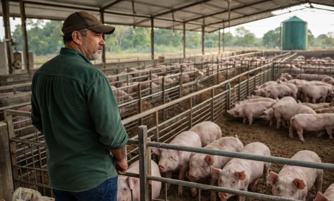 produção de suínos em Rondônia em granja tecnificada com produtor rural observando criação de suínos