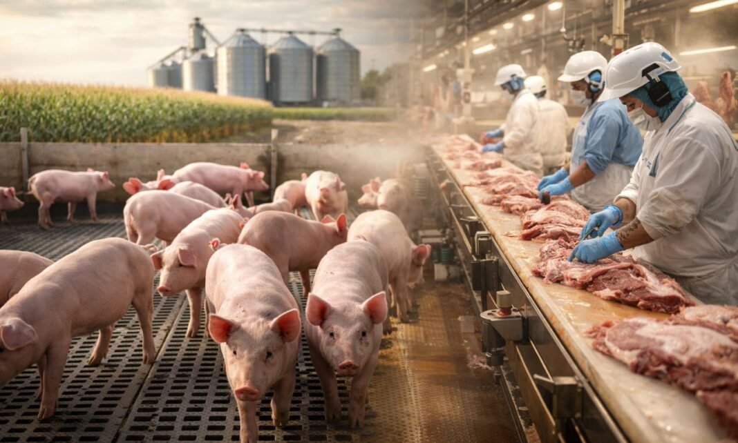 produção de suínos em Rondônia em granja tecnificada com produtor rural observando criação de suínos