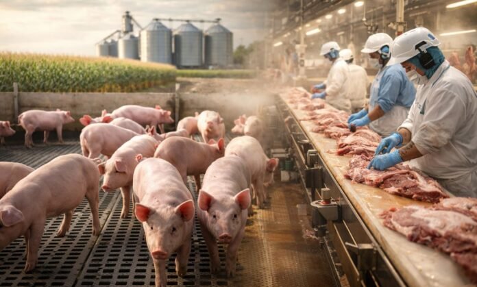 produção de suínos em Rondônia em granja tecnificada com produtor rural observando criação de suínos