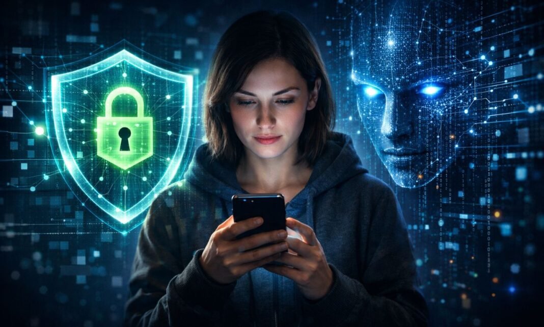 proteção de dados pessoais na era da inteligência artificial com usuário utilizando smartphone e escudo digital de segurança