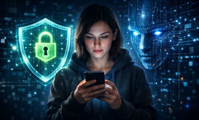 proteção de dados pessoais na era da inteligência artificial com usuário utilizando smartphone e escudo digital de segurança