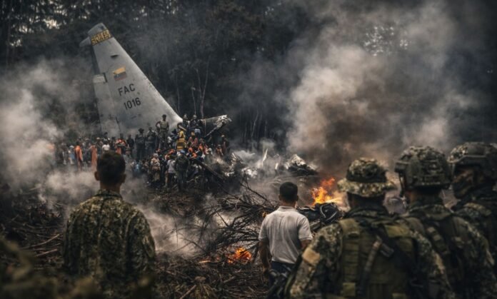 Acidente com avião militar da Colômbia em área de floresta com destroços, fumaça intensa e equipes de resgate no local